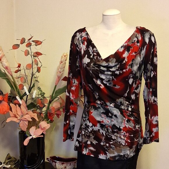 NWT Robert Kitchen Women's Red Black Gray Printed Blouse Long Sleeve Top Size 10 - Picture 4 of 8